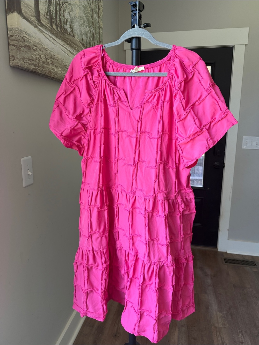 Bright Pink Short Sleeve Tiered Women’s Boutique Dress